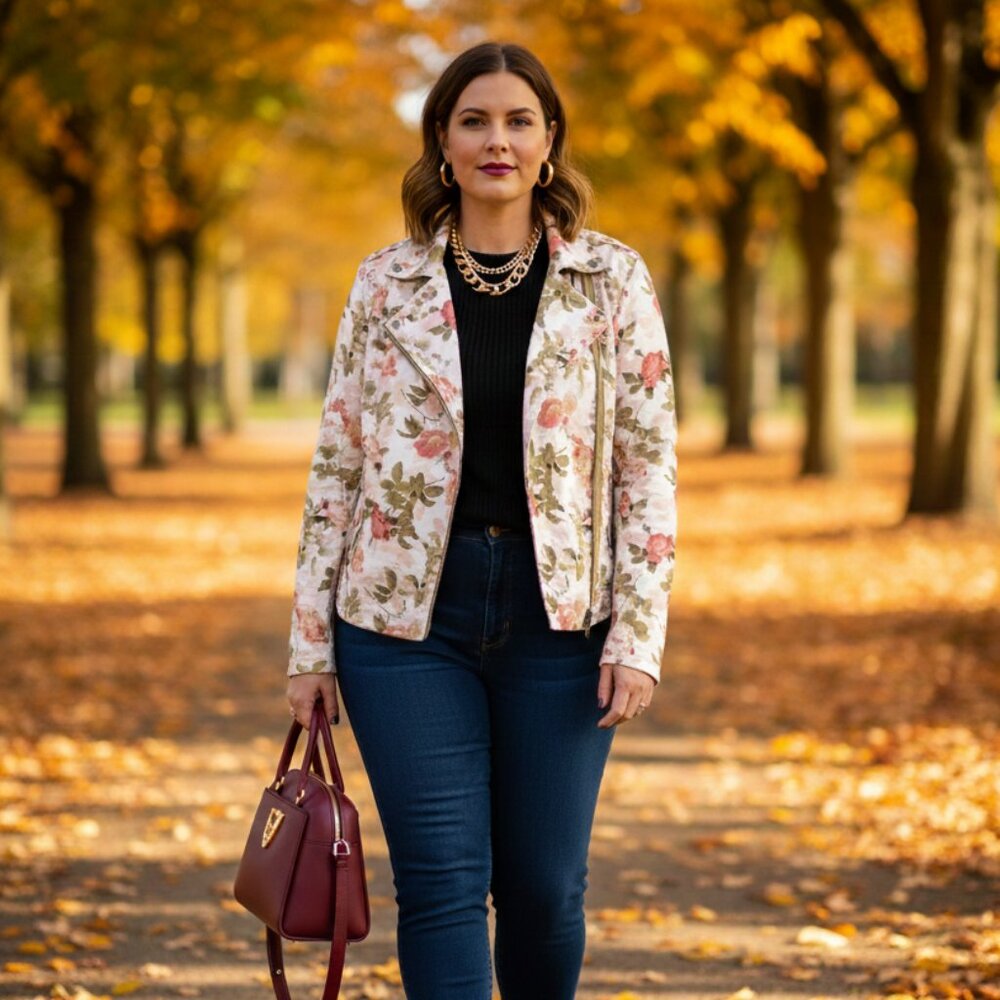 Lane Bryant Plus Size 20 Floral Moto Jacket Full Zip Pockets Ivory‎ Green